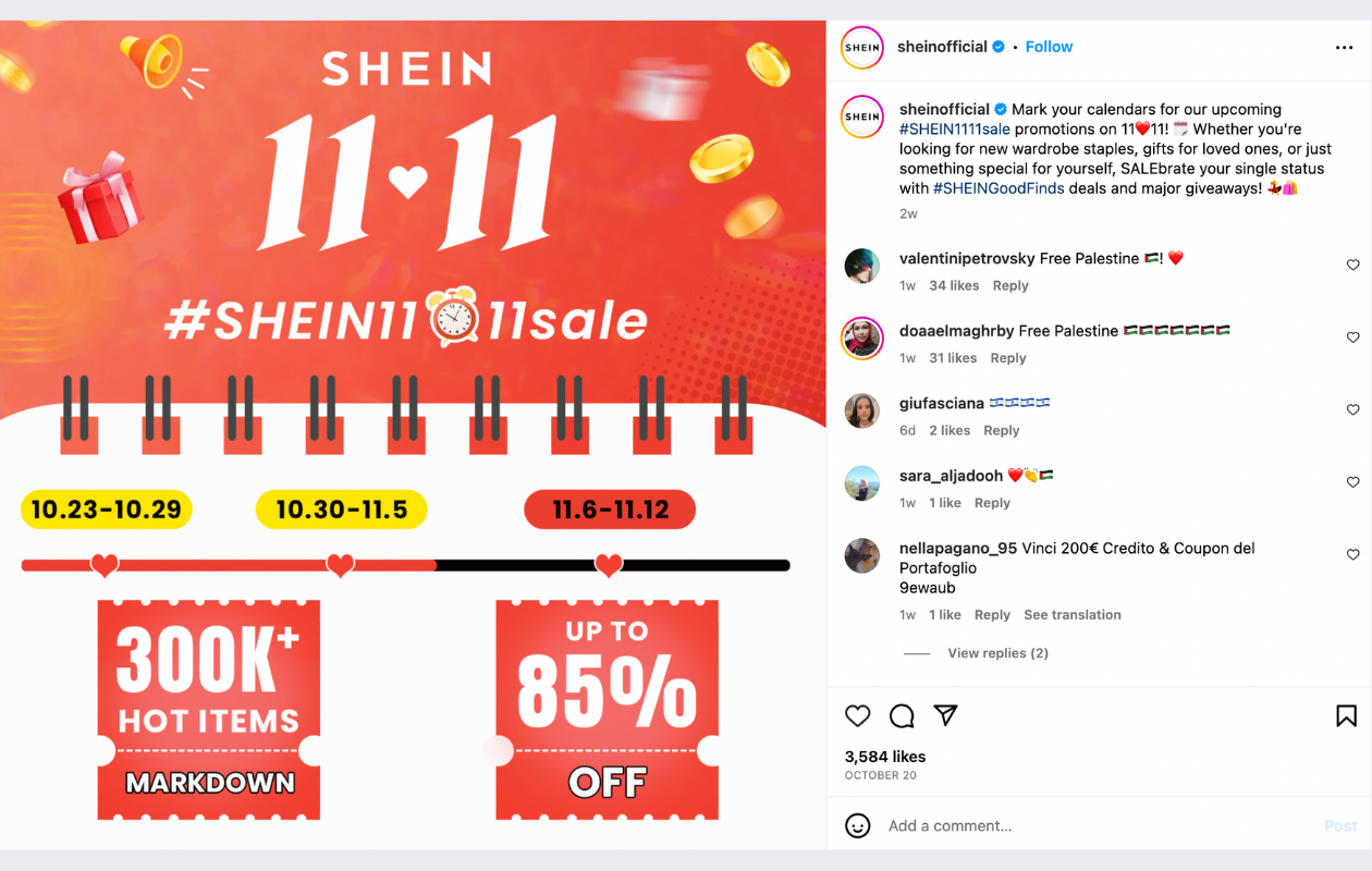 screenshot from an instagram post of shein with their black friday campaign "11:11"