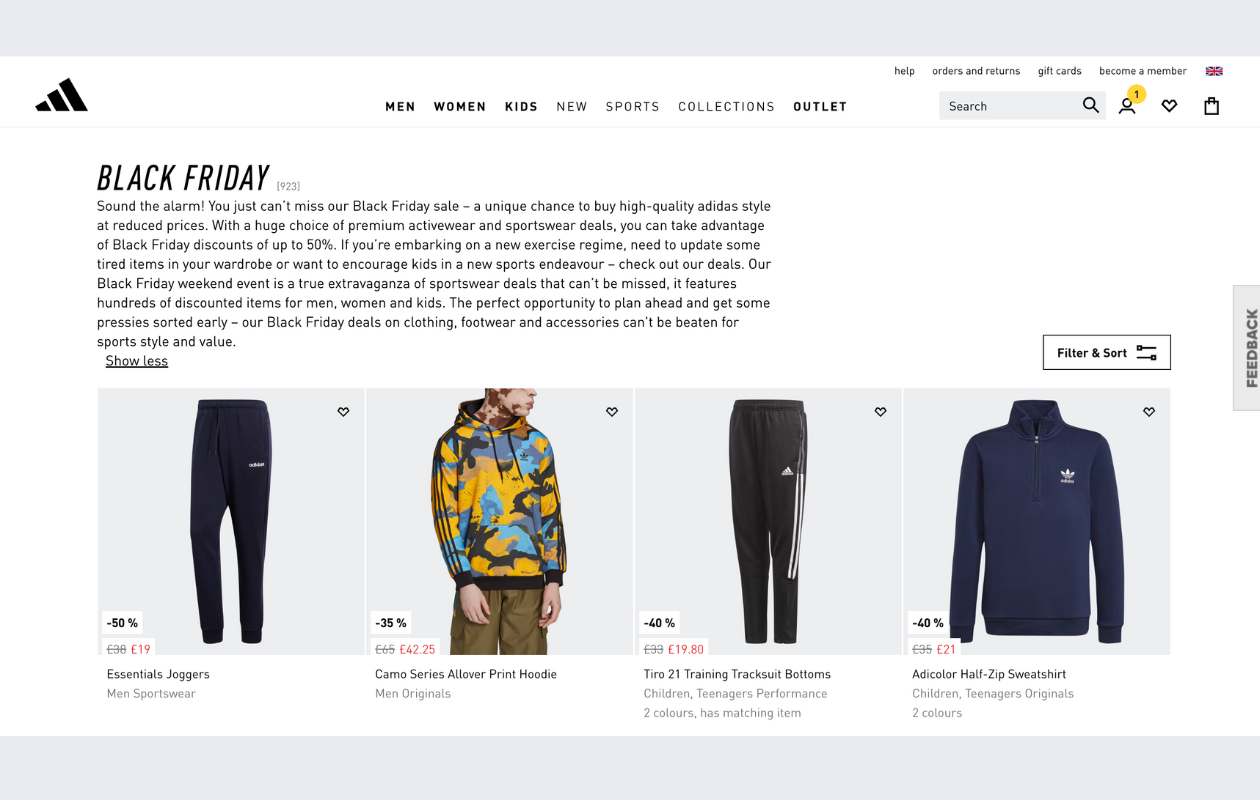 screenshot from adidas website showing 4 products from their black friday deals