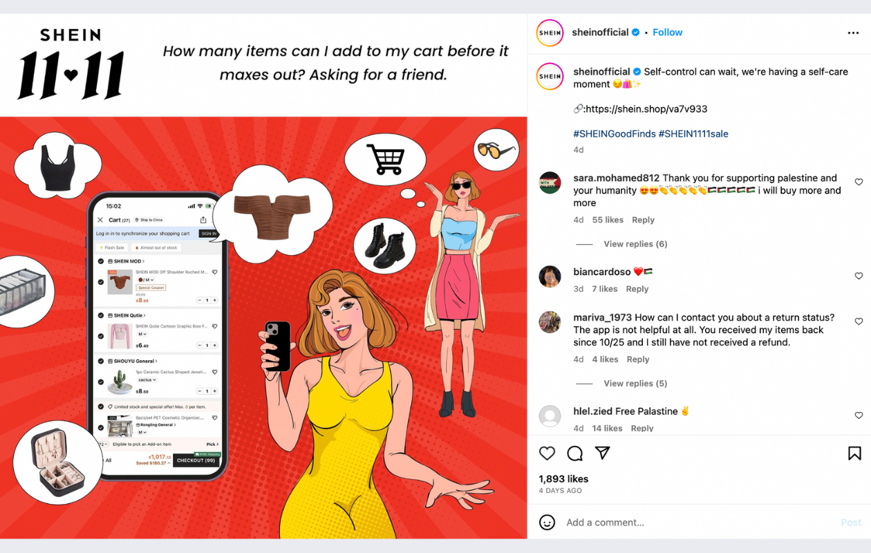 screenshot from instagram shein with their black friday post about their campaign "11:11" showing some cartoon girl and a phone ordering clothes