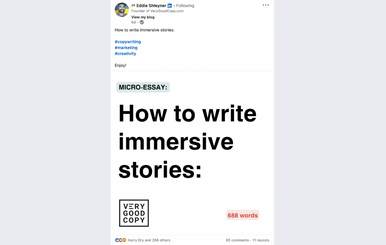 screenshot from a linkedin post from eddie shleyner about how to write immersive stories