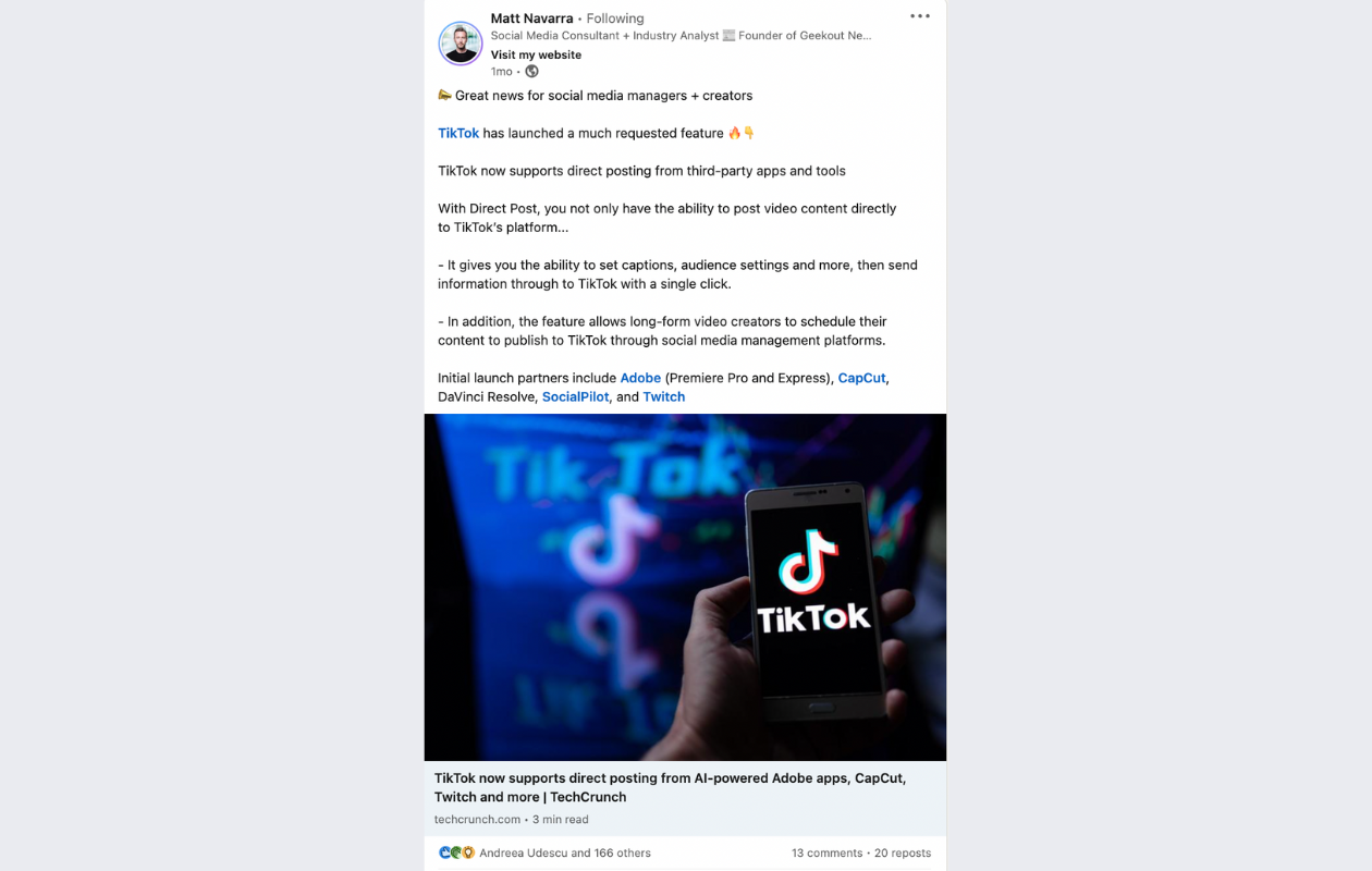 screenshot from matt navarra's linkedin showing some news about tiktok and a link to a tecgcrunch article