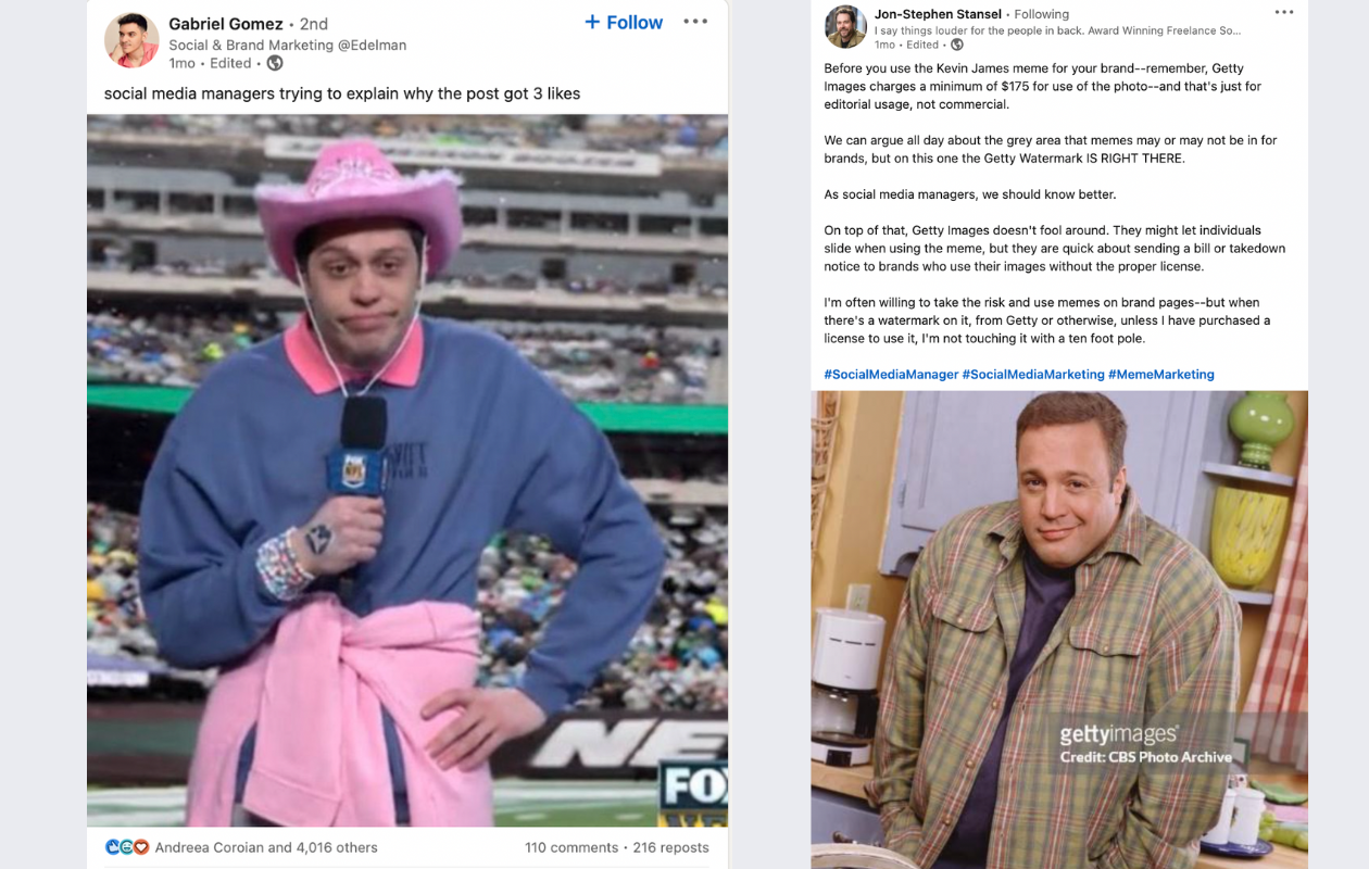 screenshots from 2 linkedin posts with memes, one with kevin james and one with pete davidson