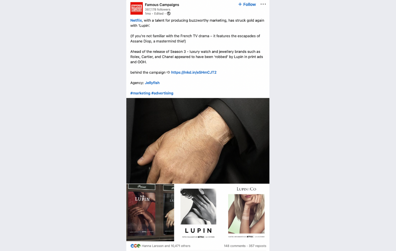 screenshot from famous campaigns' linkedin with a multi-image campaign for lupin