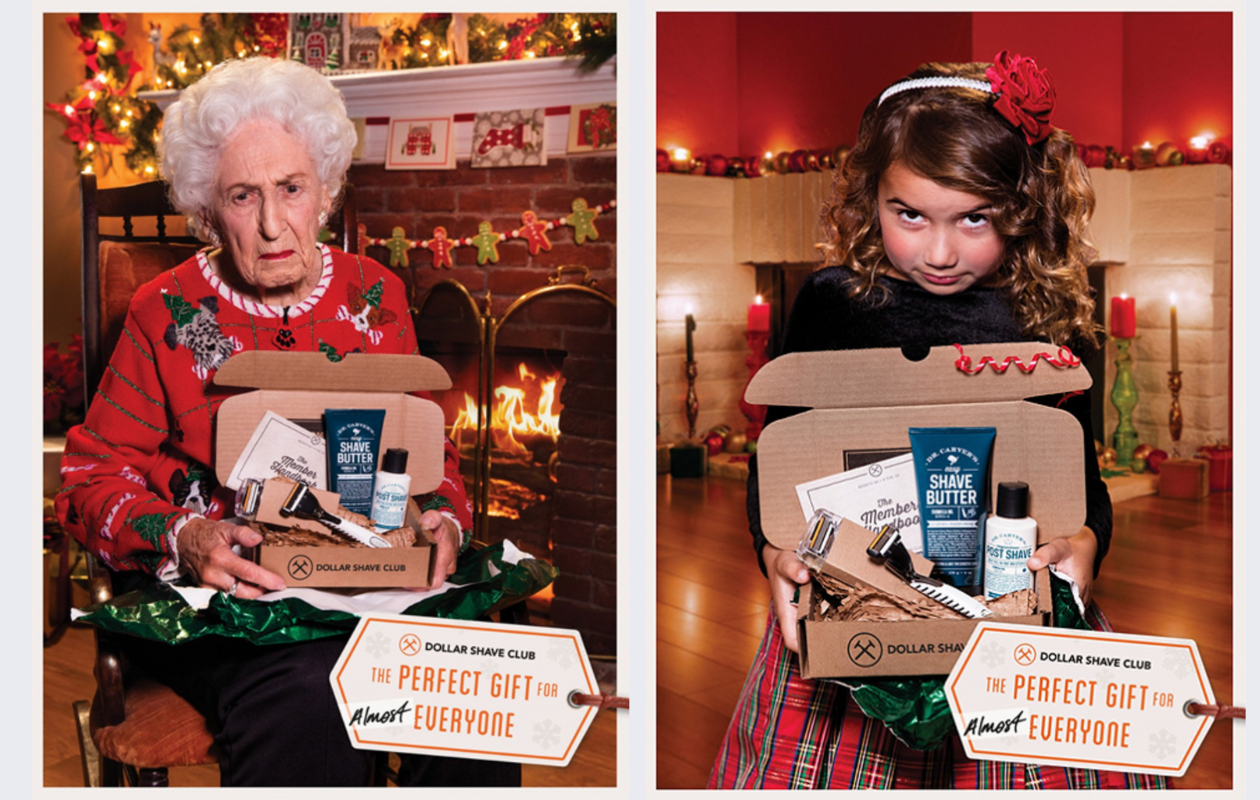 screenshots from dollar shave club campaign for thanksgivng with an elder woman in a christmas sweater holding a gift box and a picture with a little girl holding the same box