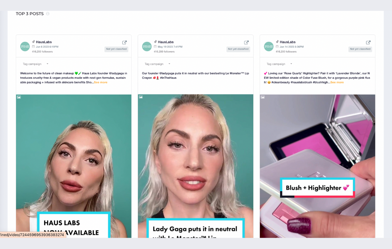 screenshot from socialinsider showing hauslabs tiktok overview showing top 3 posts