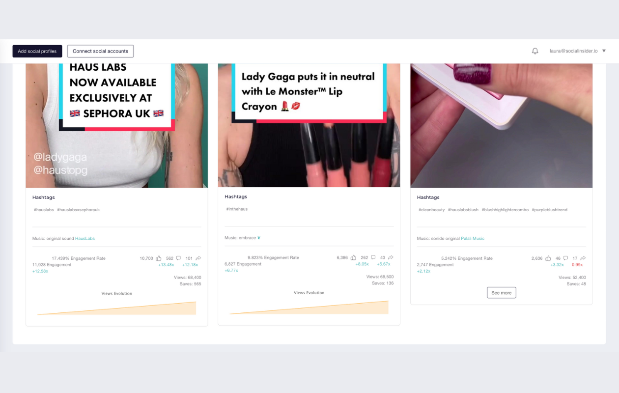screenshot from socialinsider showing hauslabs tiktok overview showing top 3 posts with their metrics